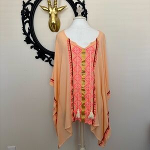 Velzera Peach Embroidered V-Neck Poncho Top or Swim Coverup with Tassels